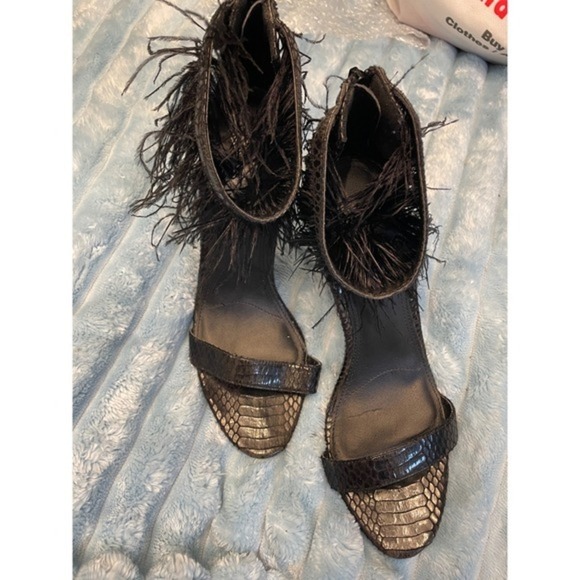 TOPSHOP Black Feather Embellished Stiletto Heels Snake Print Ankle Strap  Size 7 - Picture 3 of 5